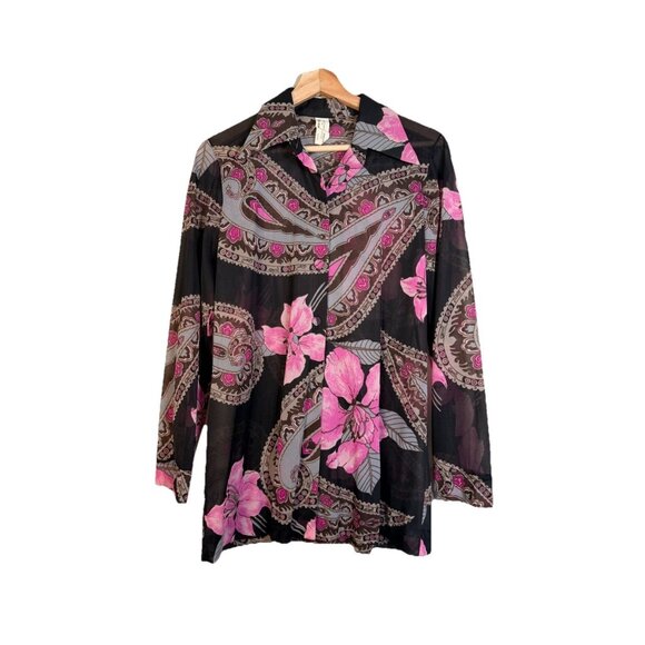 Vintage 70s Women’s Shirt Paisley Gogo Mod Disco Hippie Button Sheer Size Med - Picture 1 of 11